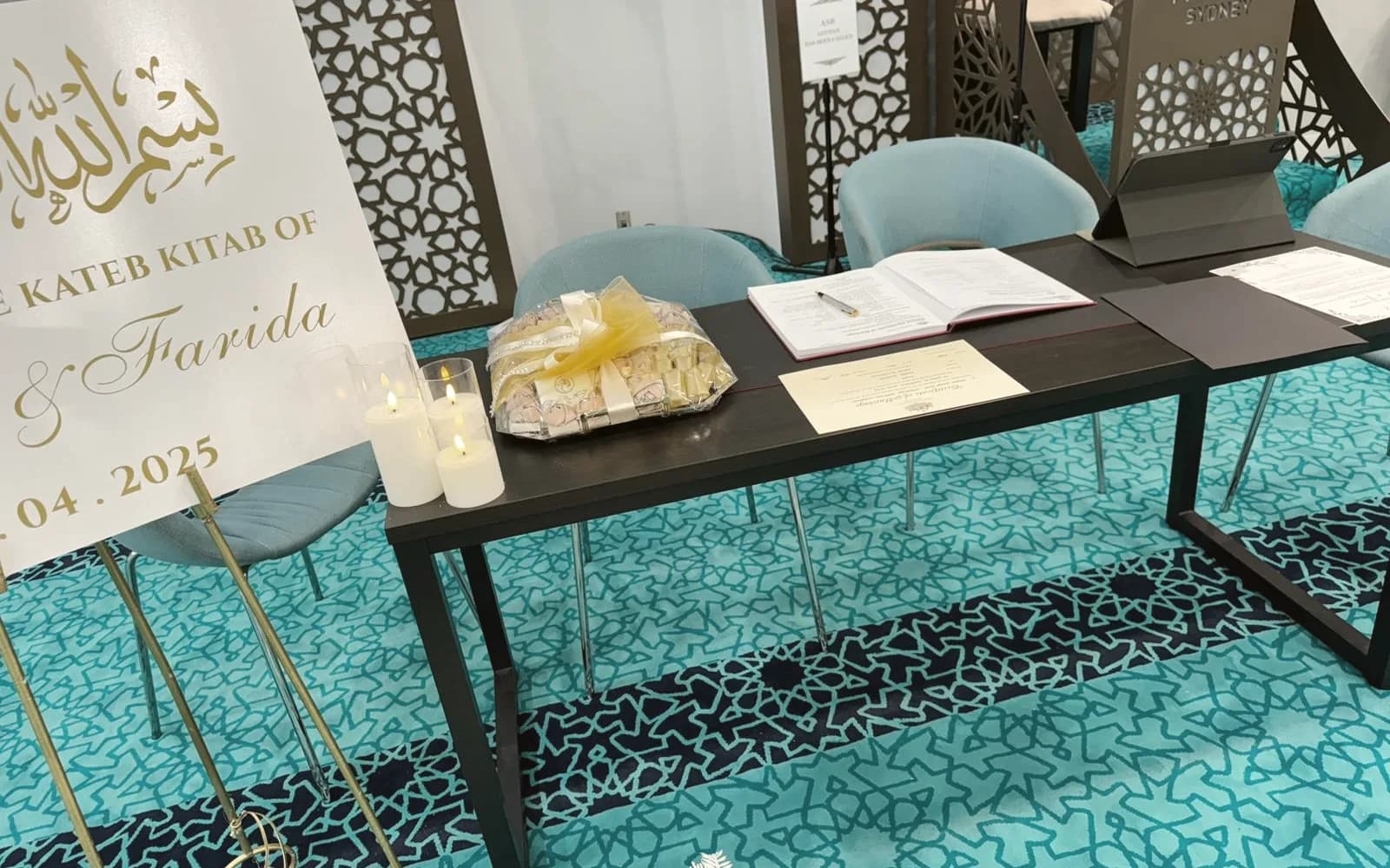 Kateb kitab welcome sign and ceremony table at a Sydney masjid