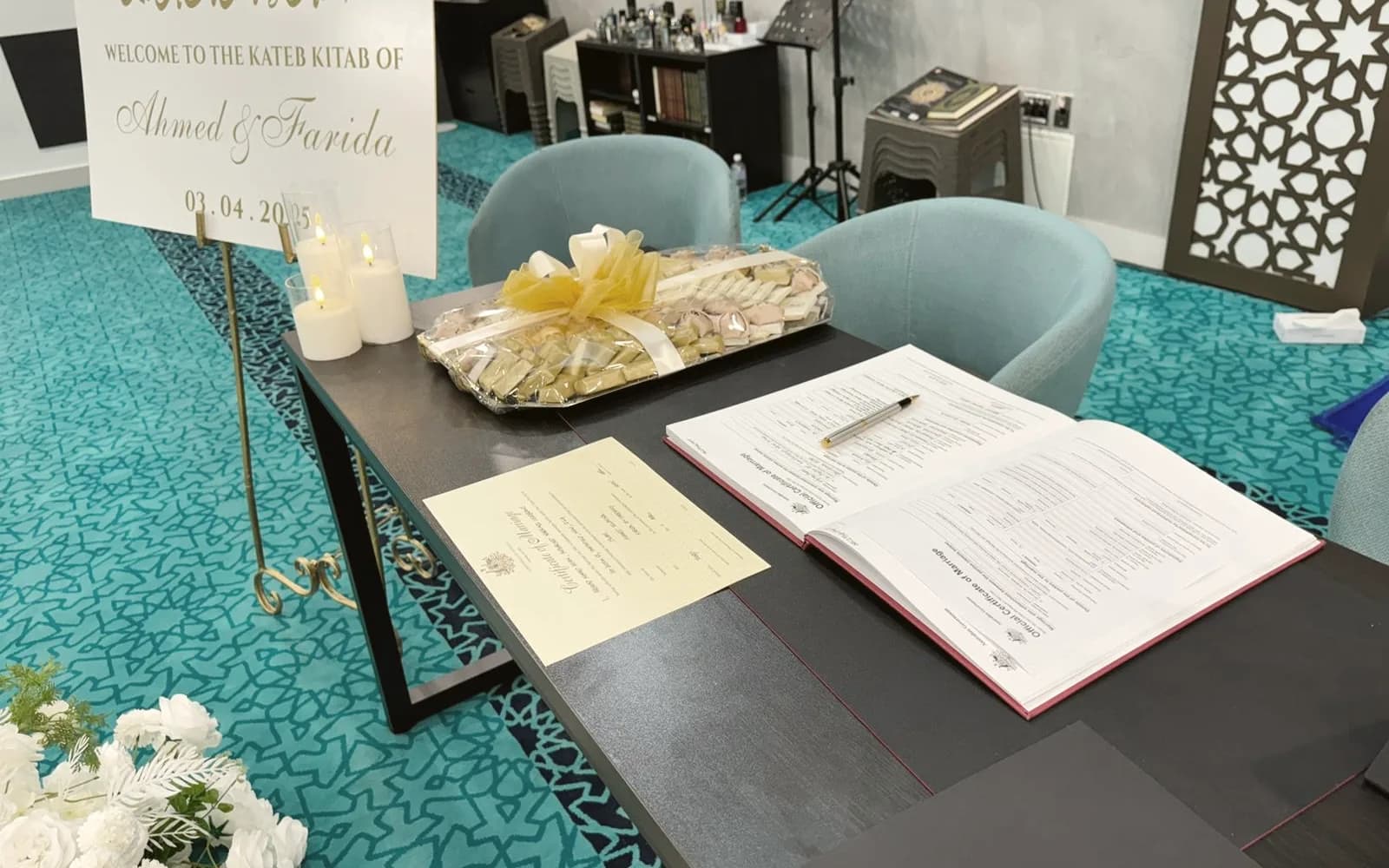 Marriage register and certificates prepared for signing